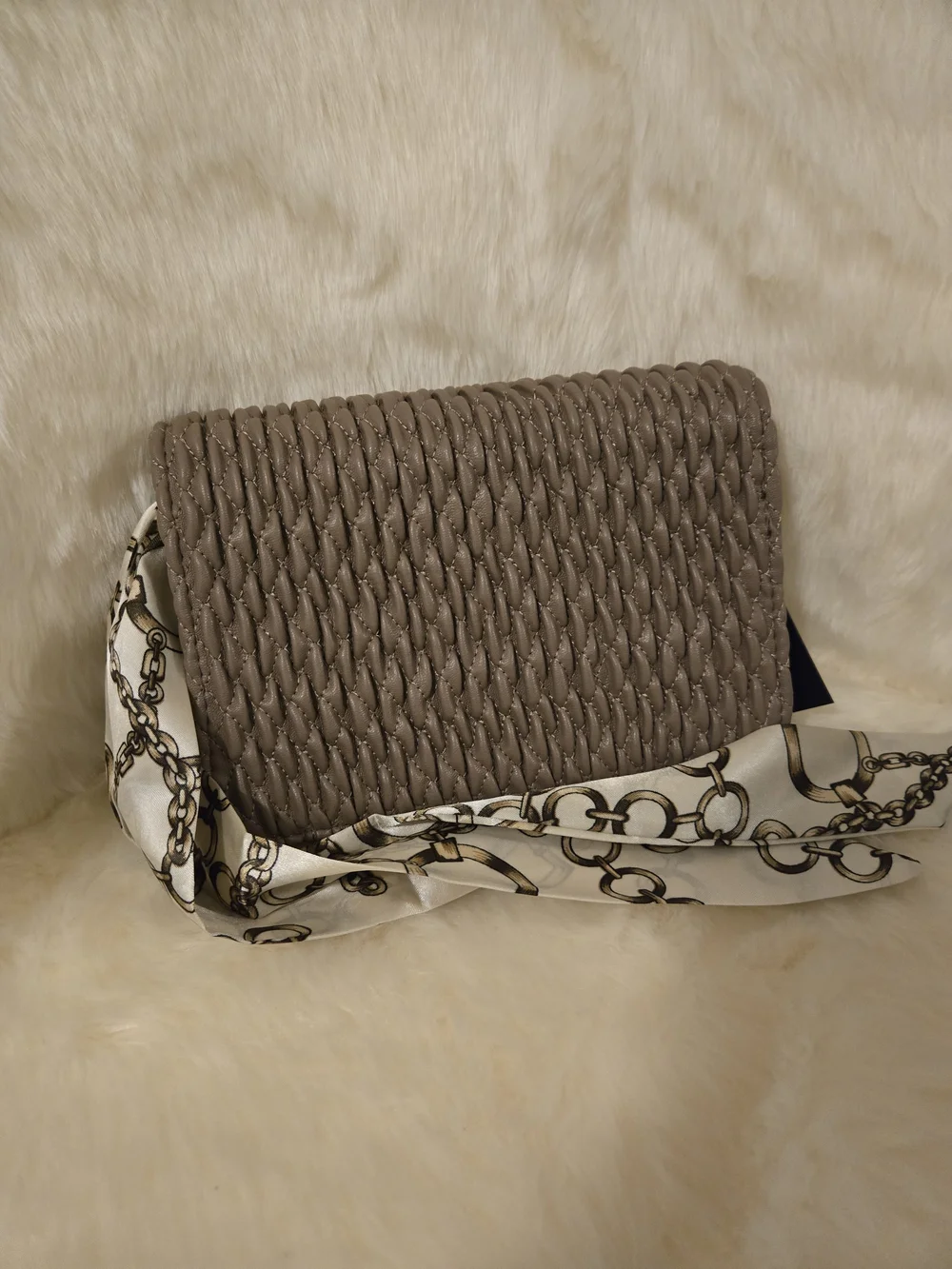 BEBE Woven Chain-Accent Shoulder Bag in Taupe